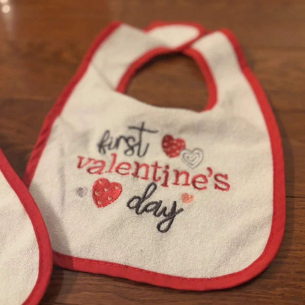 Baby First Christmas First‎ Valentines Day Bibs Set Santa Hearts Red Trim